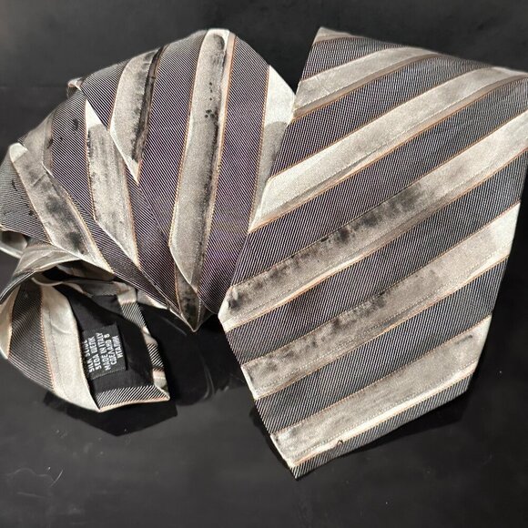 Hugo Boss Hand Painted Silk Tie Striped Necktie Black Gray Abstract Art Upcycle - Picture 1 of 5